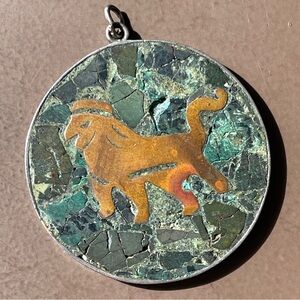 Vintage signed E. Brito Mexico Sterling Silver Lion Pendant Turquoise